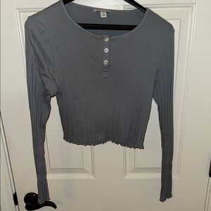 Topshop Gray Ribbed Button Down Polo Top